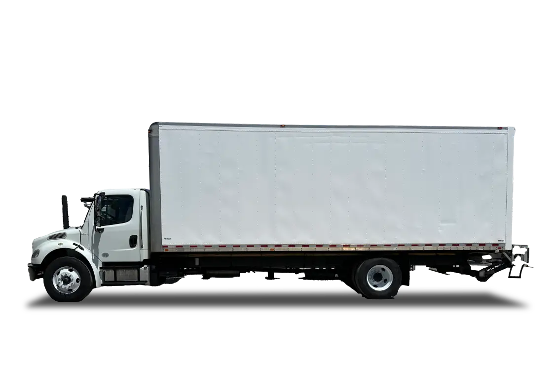 White medium-duty box truck with liftgate, side view