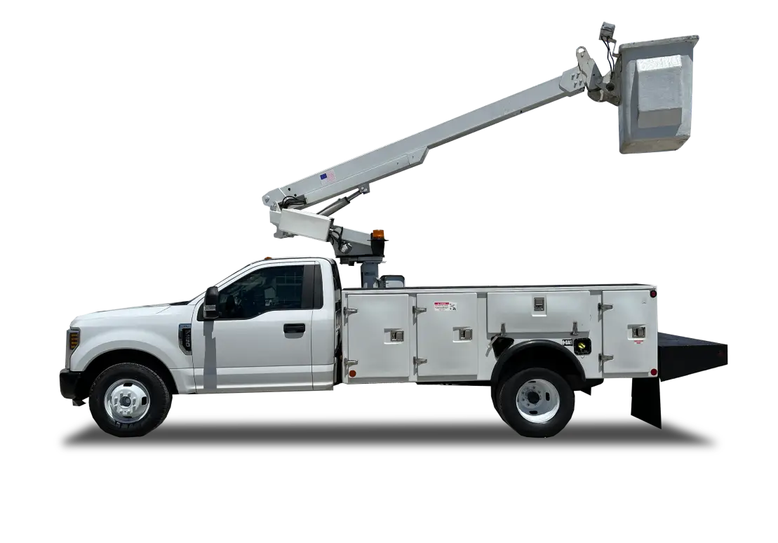 Bucket truck with service body, side view