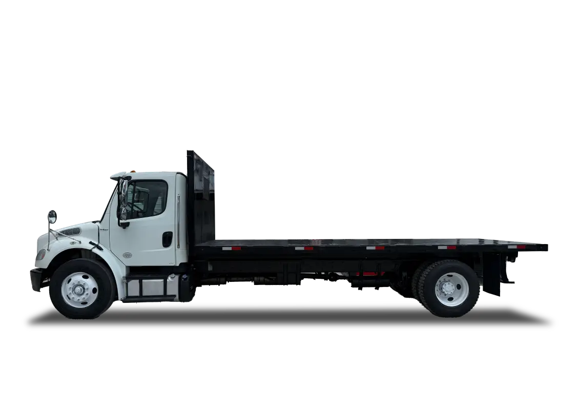 Flatbed truck with headache rack, side view
