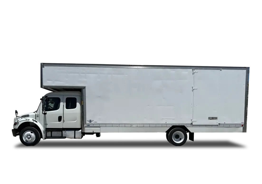Extended-cab box truck with a long cargo box, side view