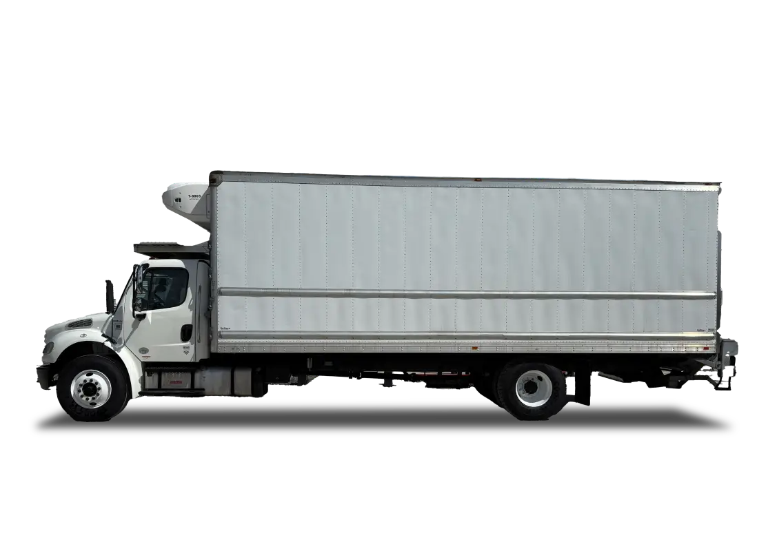 Refrigerated box truck with front-mounted reefer unit, side view